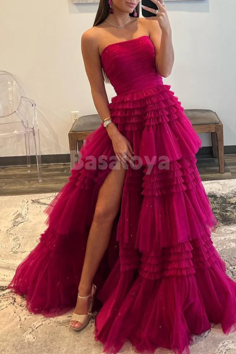 SP0145 Elegant Beige Strapless A-Line Tiered Lace Ball Gown Prom Dress with Slit