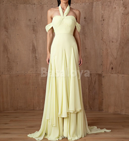 SP0287 Classic Yellow Halter-Neck Sheath Pleats Chiffon Prom Dress Party Gown