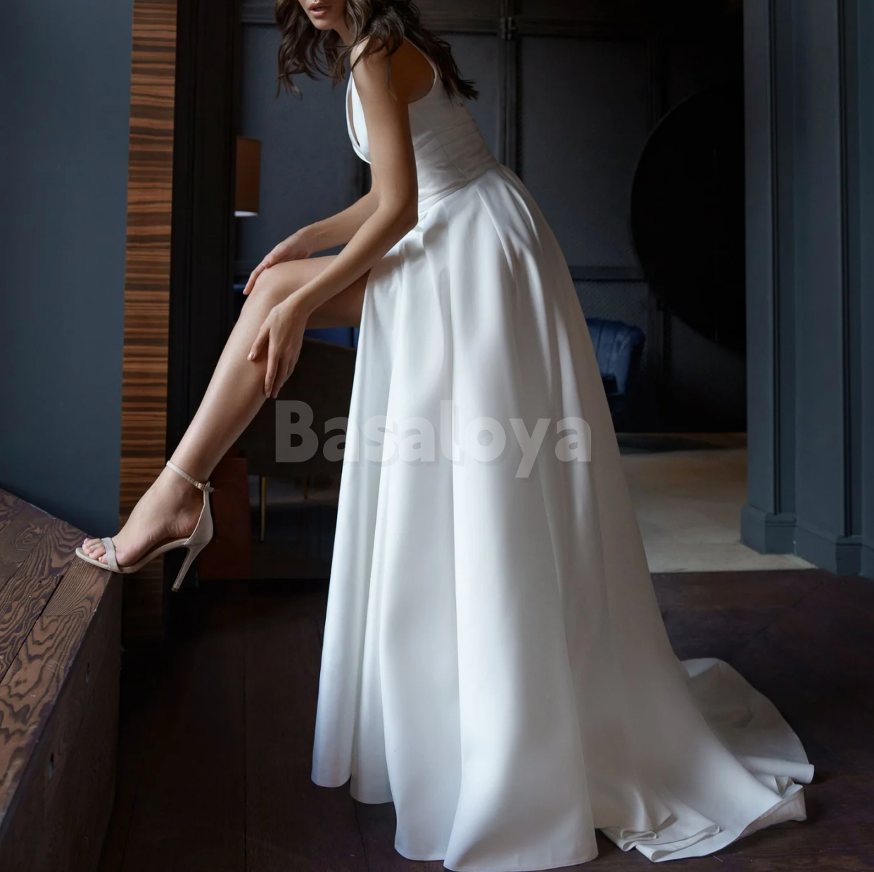 WD0187 Graceful V-Neck A-Line Pleats Satin Wedding Gown with Slit