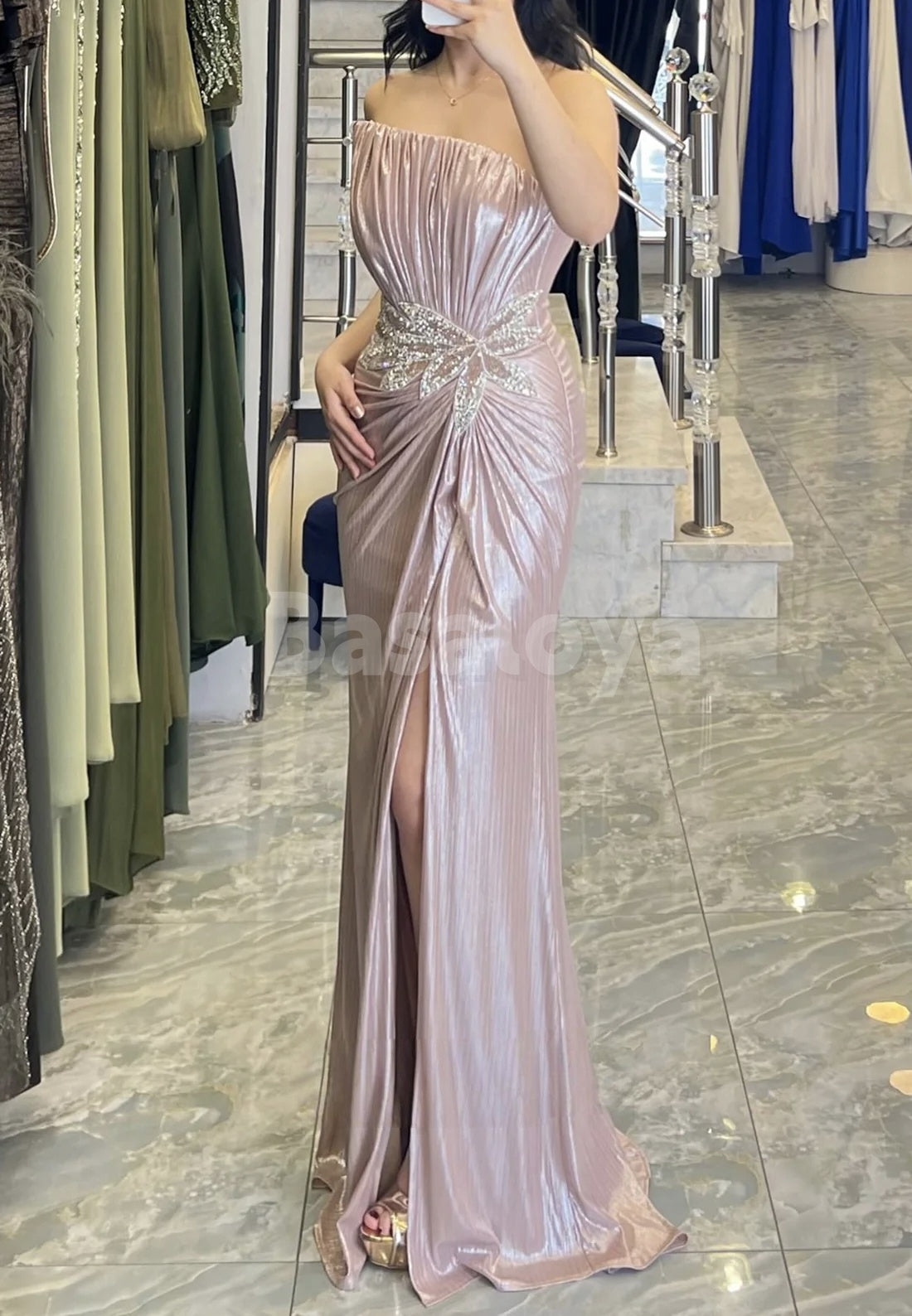 ED0070 Luxury Beaded Pink Strapless Evening Dress Party Gown with Slit
