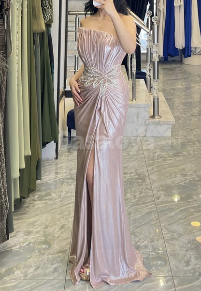 ED0070 Luxury Beaded Pink Strapless Evening Dress Party Gown with Slit