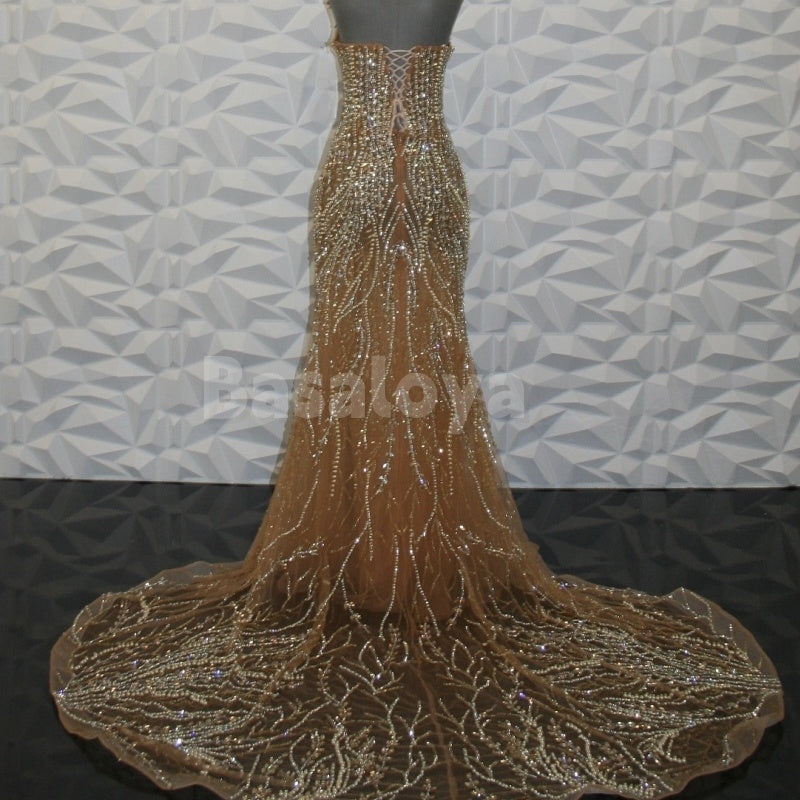 ED0031 Sparkly Beaded Tube Top Mermaid Lace Evening Dress with Train