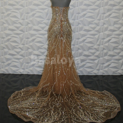 ED0031 Sparkly Beaded Tube Top Mermaid Lace Evening Dress with Train