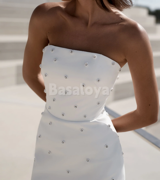 WD0163 Luxury Pearls White Tube Top Mermaid Satin Bridal Gown Wedding Dress