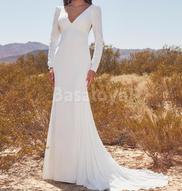 WD0175 Simple Long Sleeves V-Neck Mermaid Backless Wedding Gown with Train