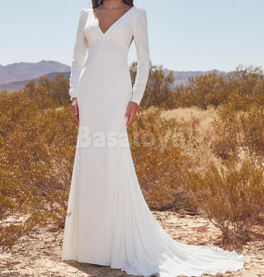 WD0175 Simple Long Sleeves V-Neck Mermaid Backless Wedding Gown with Train