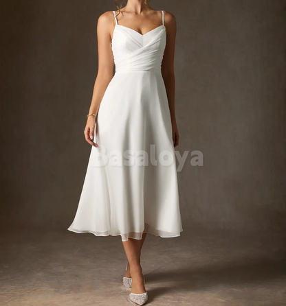 WD0130 Simple White V-Neck Spaghetti Straps A-Line Midi Wedding Dress
