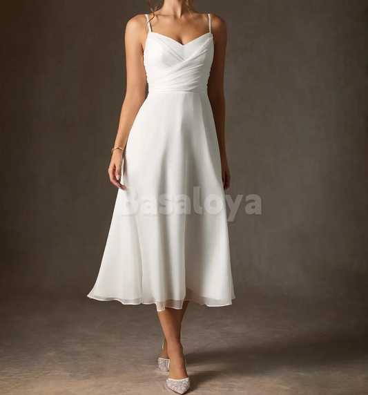 WD0130 Simple White V-Neck Spaghetti Straps A-Line Midi Wedding Dress