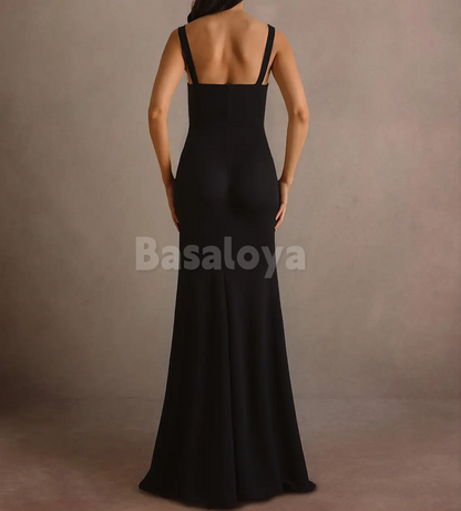 SP0265 Elegant Black Square Neck Sheath Prom Dress Formal Gown with Slit