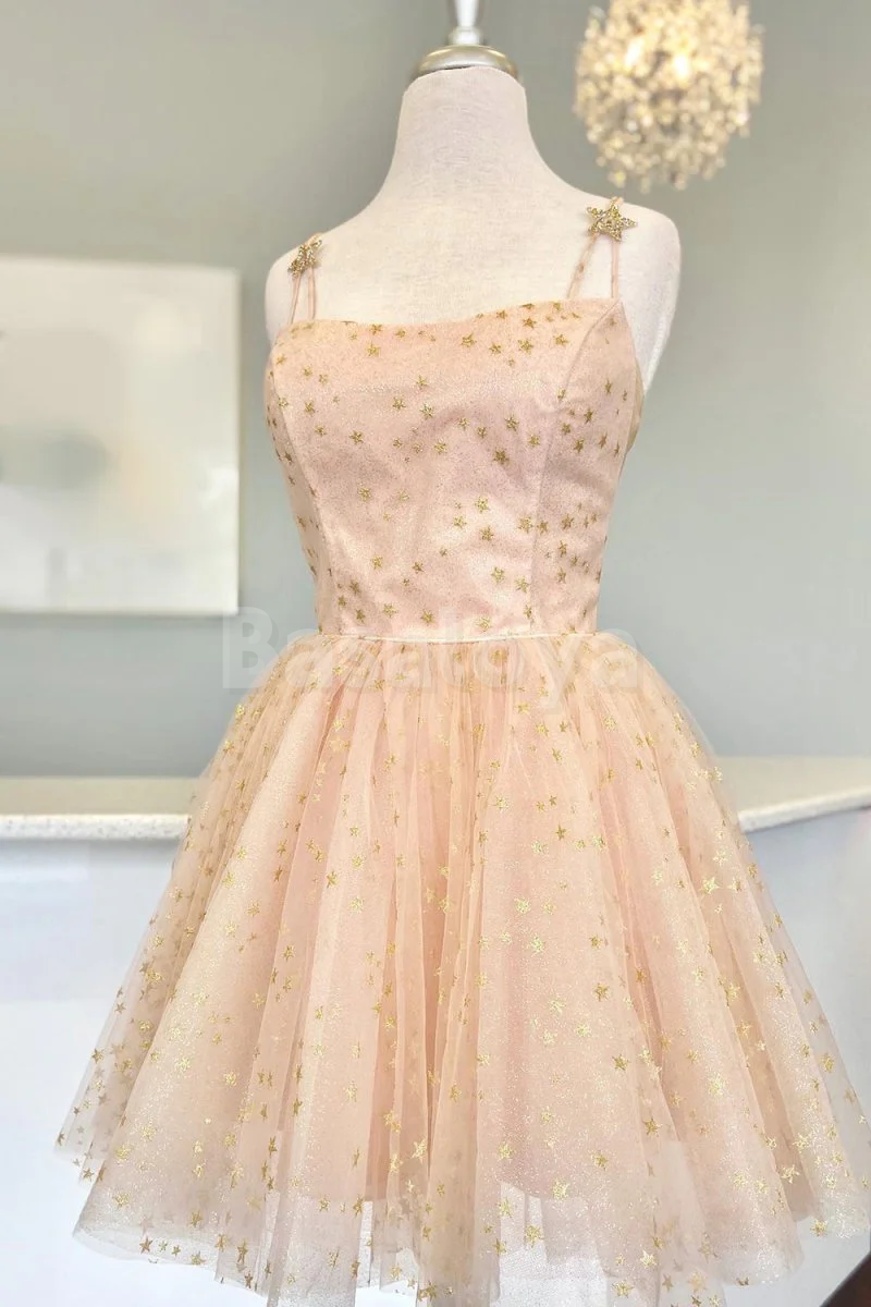 HM0149 Graceful Blush Spaghetti Straps A-Line Knit Star Mini Homecoming Dress