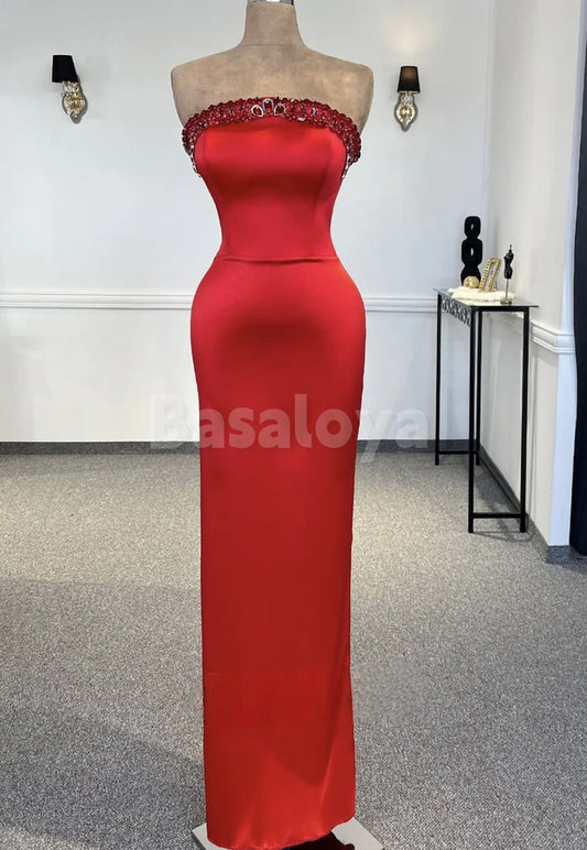 ED0094 Graceful Crystal Red Tube Top Sheath Long Evening Prom Party Gown