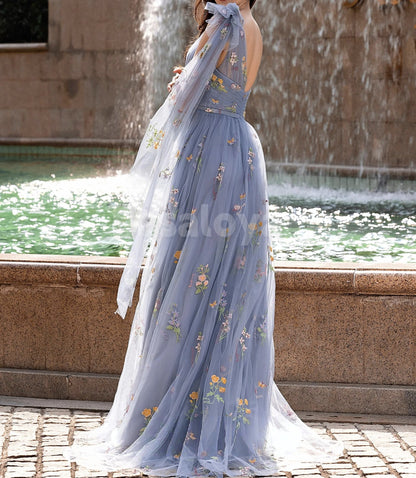 ED0119 Elegant Blue Printed Flower A-Line One Shoulder Evening Gowns