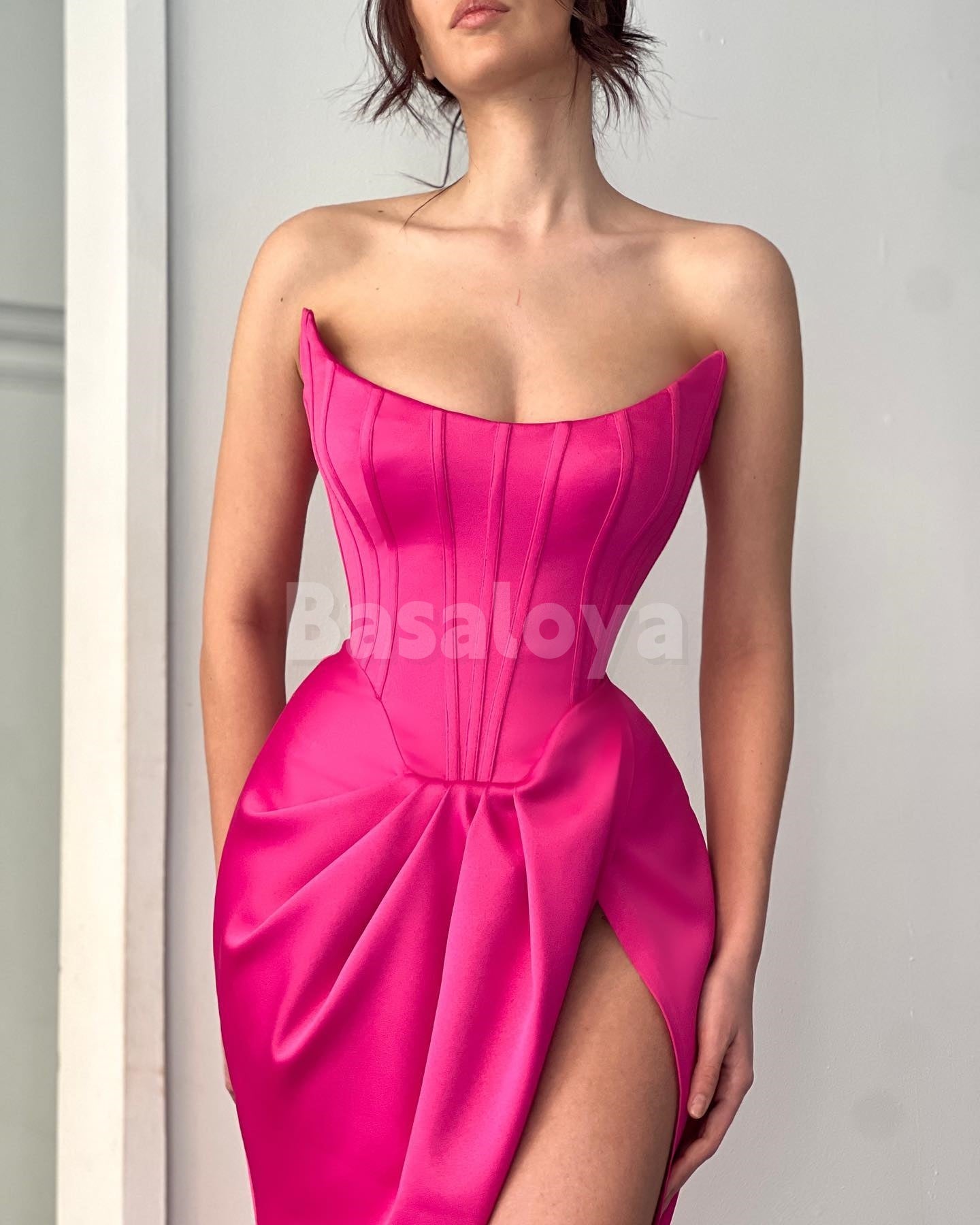 SP0314 Graceful Fuchsia Scoop Neck Sheath Draped Prom Dress with Slit