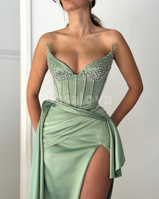 SP0316 Luxury Crystal Sage V-Neck Pleats Prom Party Gown with Side Slit