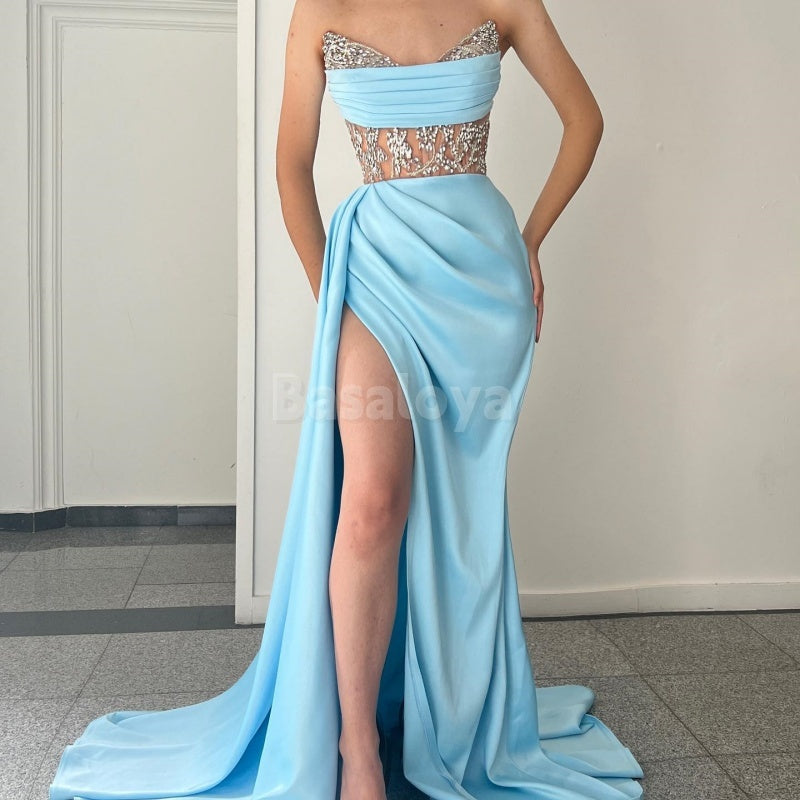 SP0014 Stunning Blue Strapless High Slit Beaded Prom Evening Dress with Train