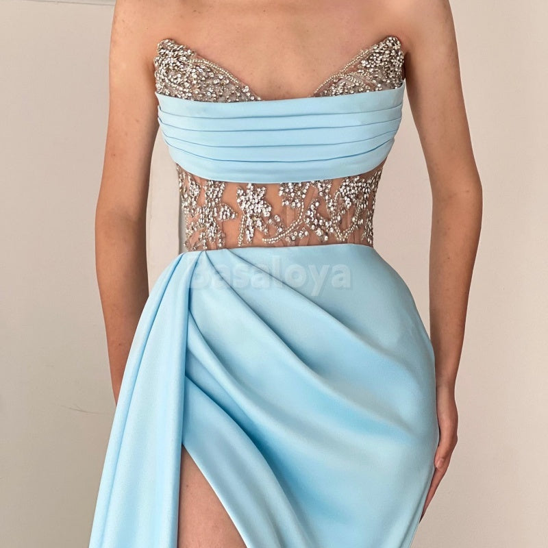 SP0014 Stunning Blue Strapless High Slit Beaded Prom Evening Dress with Train