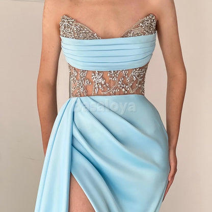 SP0014 Stunning Blue Strapless High Slit Beaded Prom Evening Dress with Train
