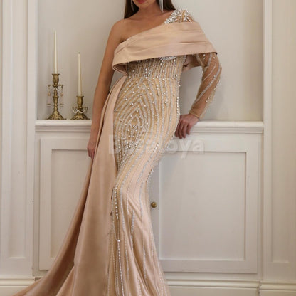 ED0012 Elegant Crystal One Shoulder Mermaid Evening Dress with Overskirt