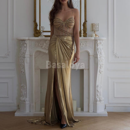 SP0046 Chic Champagne Beaded Spaghetti Straps Metallic Prom Dress with Slit
