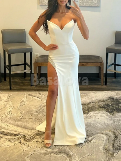 SP0207 Graceful White V-Neck Bodycon Beaded Satin Prom Dress with Slit