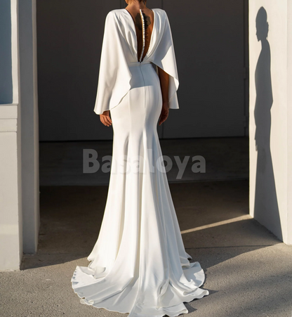 WD0154 Chic White V-Neck Cape Sleeve Mermaid Wedding Dress with Train