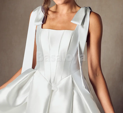 WD0103 Graceful Square Neck A-Line Wedding Dress with Bows Bridal Gown