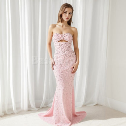 ED0018 Luxury Pink 3D Beaded Floral Sweetheart Mermaid Evening Dress with Pearls
