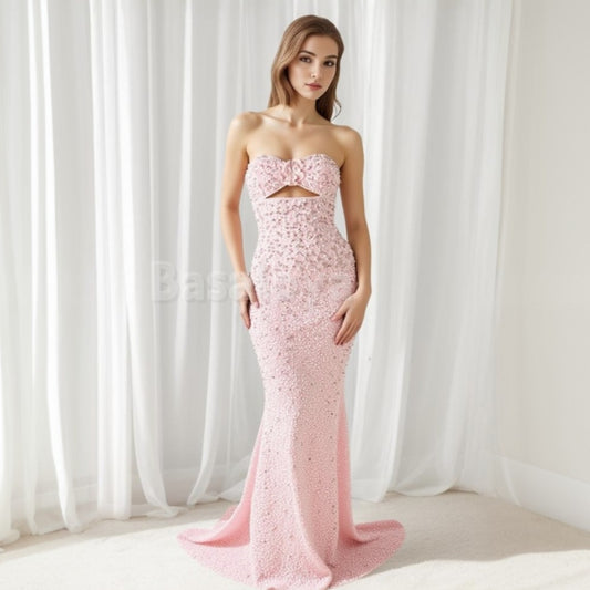 ED0018 Luxury Pink 3D Beaded Floral Sweetheart Mermaid Evening Dress with Pearls