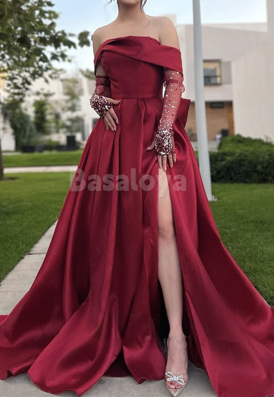 ED0091 Elegant Beaded Burgundy Off Shoulder A-Line Evening Gown with Bow