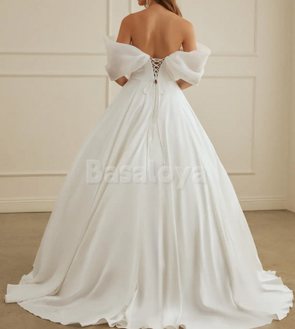 WD0106 Graceful White A-Line Off-Shoulder Pleats Wedding Dress Bridal Gown