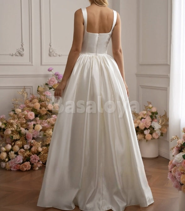 WD0035 Elegant Square Neck A-Line Pleated Floor-Length Wedding Gowns