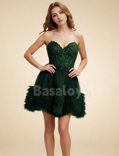 HM0016 Elegant Green A Line Sweetheart Ruffles Homecoming Dresses with Beads