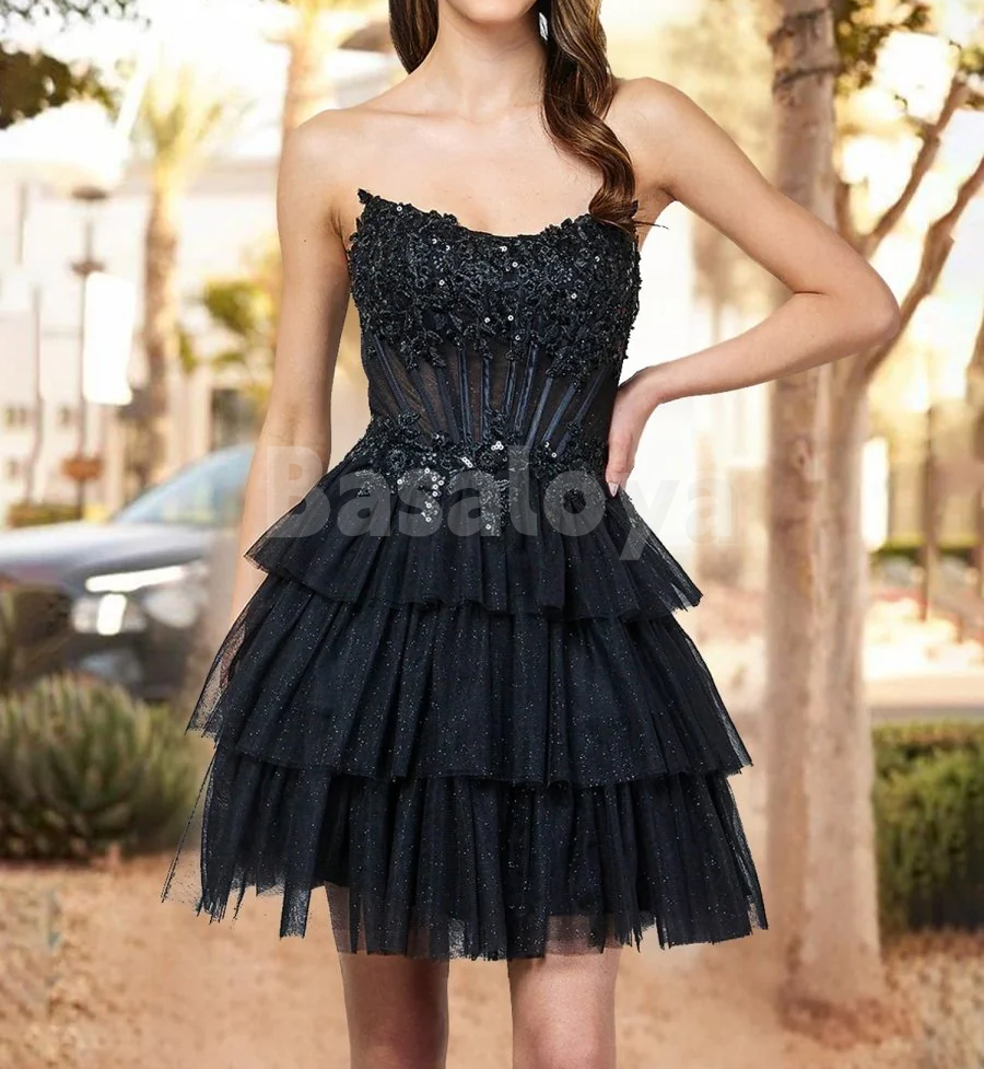 HM0055 Elegant Black Strapless A-Line Glitter Homecoming Dress with Applique