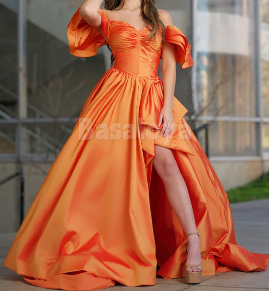 SP0189 Elegant Orange Off-Shoulder A-Line Pleats Prom Party Dress with Slit