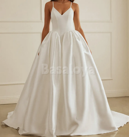 WD0105 Classic Spaghetti Straps A-Line V-Neck Wedding Gown with Train