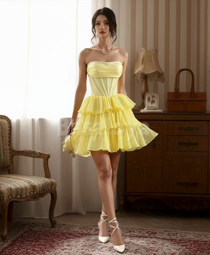 HM0049 Stunning Yellow Beaded Strapless A-Line Tiered Homecoming Gown