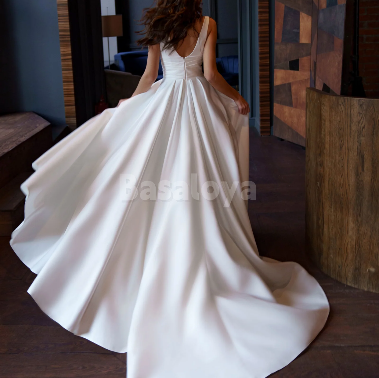 WD0187 Graceful V-Neck A-Line Pleats Satin Wedding Gown with Slit
