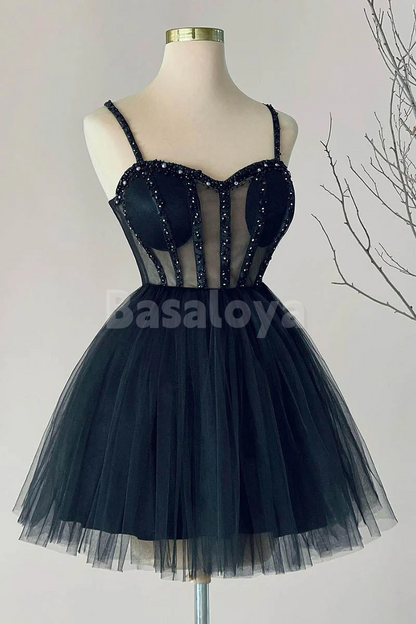 HM0147 Elegant Black Sweetheart A-Line Pleats Homecoming Dress with Beads