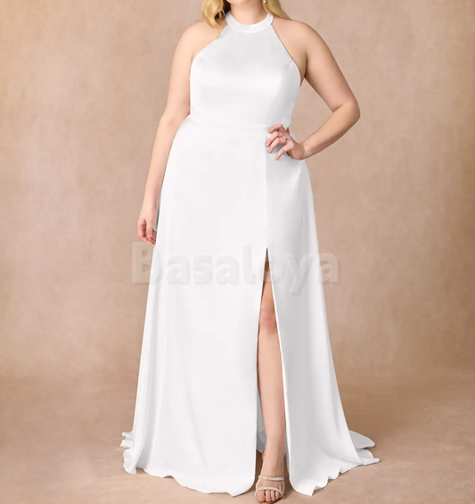 WD0111 Simple White Halter Neck A-Line Wedding Gown with Slit Bridal Gown