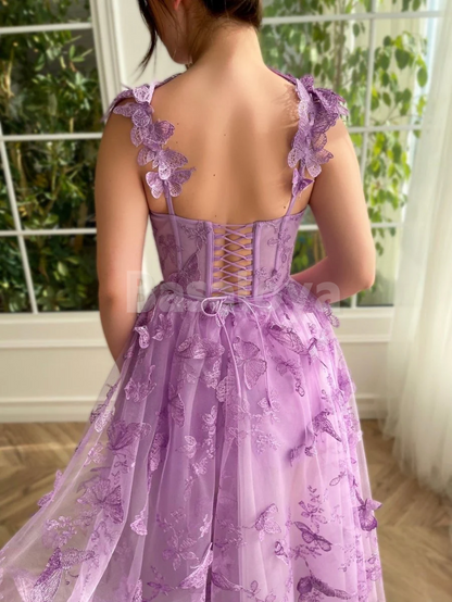SP0150 Glamorous 3D Butterfly Lilac A-Line Sweetheart Lace Prom Dresses