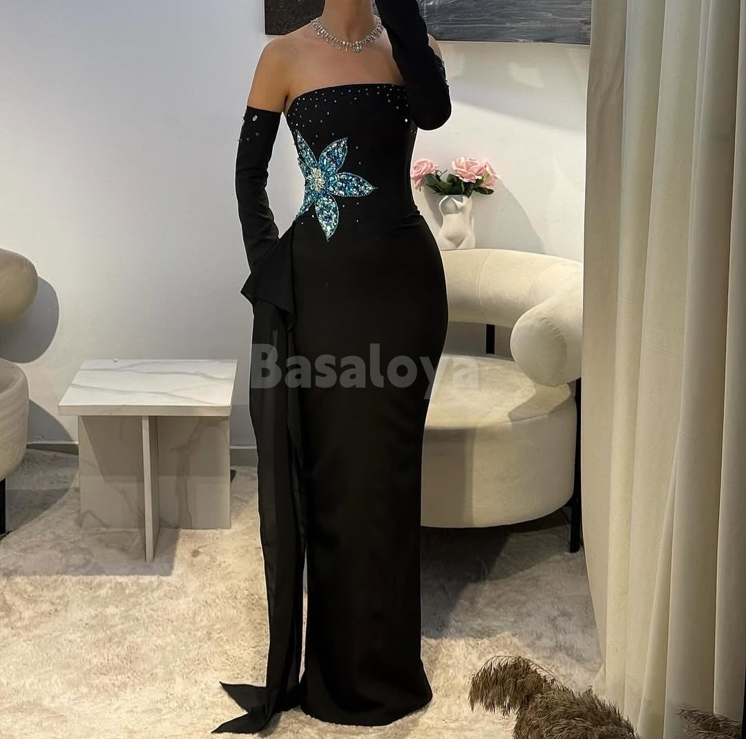 SP0005 Sparkly Crystal Black Tube Top Long Sleeve Sheath Satin Prom Dress with Train