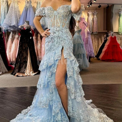 ED0026 Sparkly Appliques Pink Off-Shoulder Tiered Evening Dress with Slit