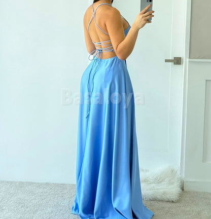 BM0014 Graceful Royal Blue A-Line Spaghetti Straps Bridesmaid Dress with Slit