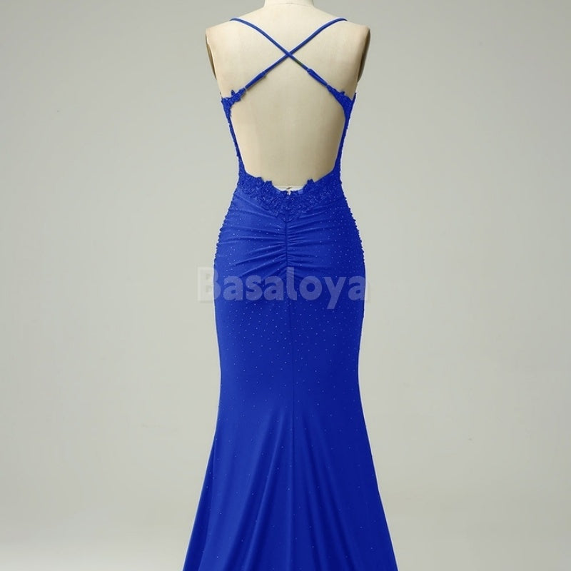 SP0030 Graceful Green Beaded Scoop Neck Mermaid Prom Dress with Applique