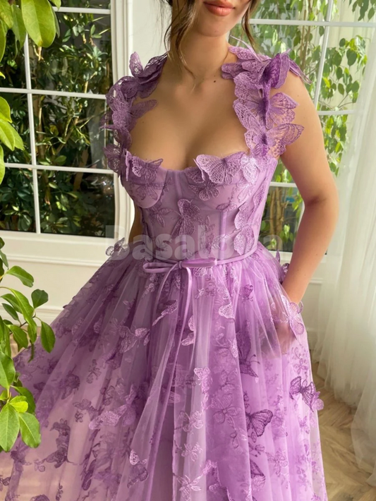SP0150 Glamorous 3D Butterfly Lilac A-Line Sweetheart Lace Prom Dresses
