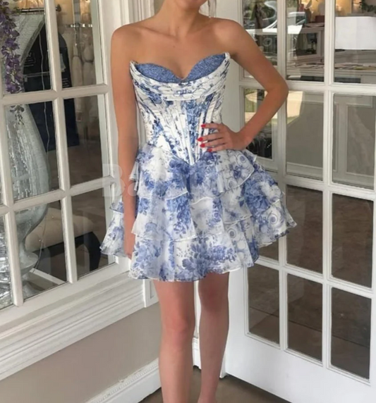 HM0007 Graceful Blue Printed Sweetheart A-Line Tiered Homecoming Dress