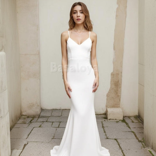 WD0009 Simple V-Neck Straps Mermaid Boho Wedding Dress Bridal Gown