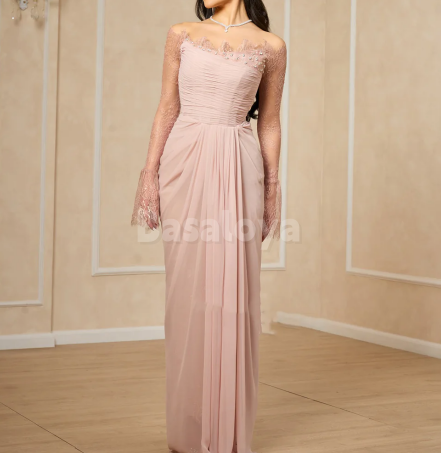 SP0285 Graceful Beaded Pink Long Sleeves Strapless Draped Prom Dress with Applique