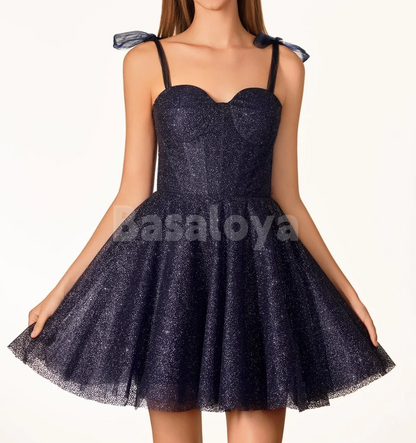 HM0128 Elegant Navy Blue Sweetheart A-Line Glitter Homecoming Gown