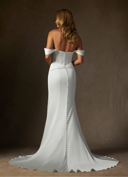 WD0095 Classic White Off-Shoulder Mermaid Pleats Wedding Gown with Slit